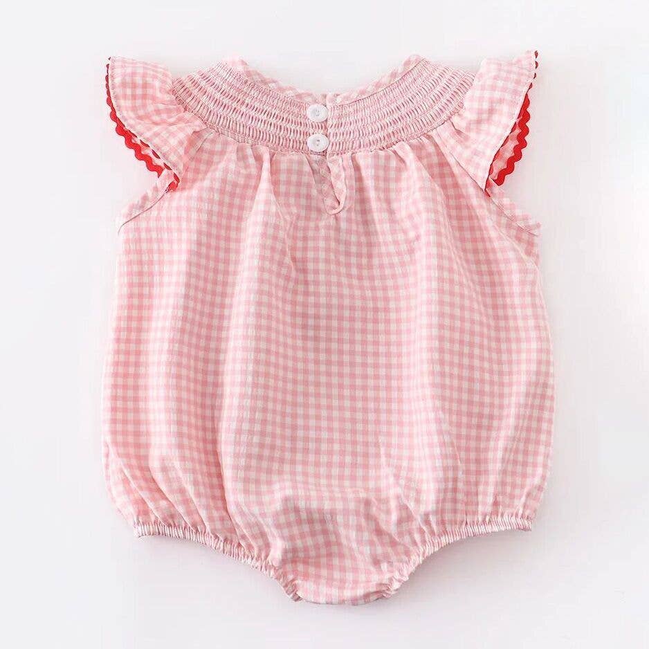 Baby Girls Strawberry Plaid Smocked Romper: 12M