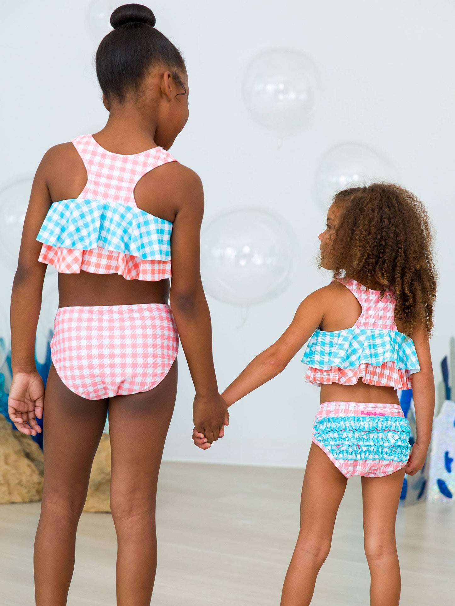 EXTRA Girls Seaside Gingham Color Block Flounce Bikini: Blue / 8