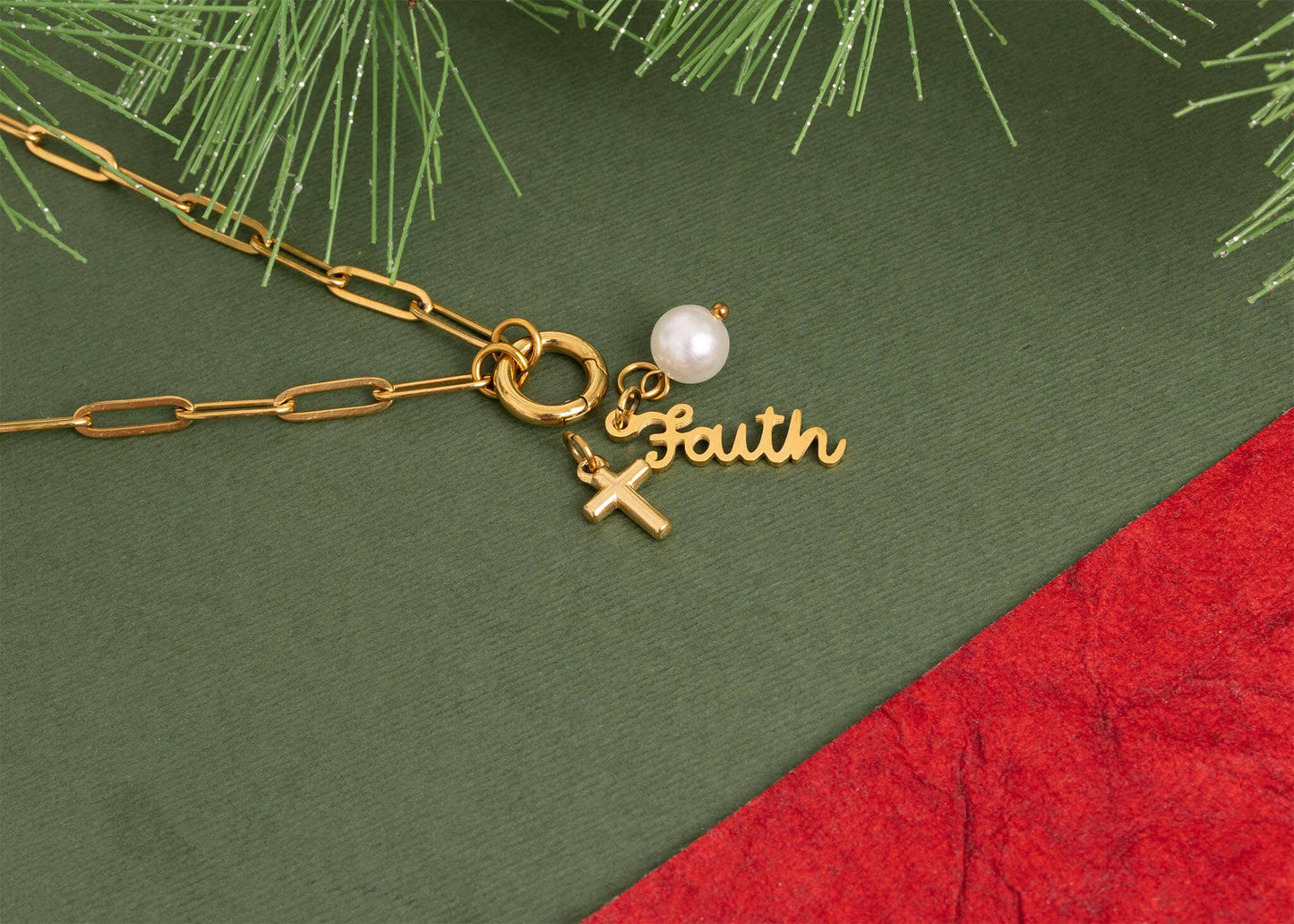 Gold Stainless Steel Faith Charm Holder Necklace Gift Set: Gold