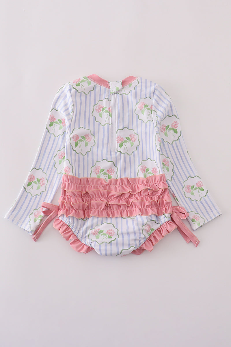 Floral stripe long sleeve swimsuit UPF50+