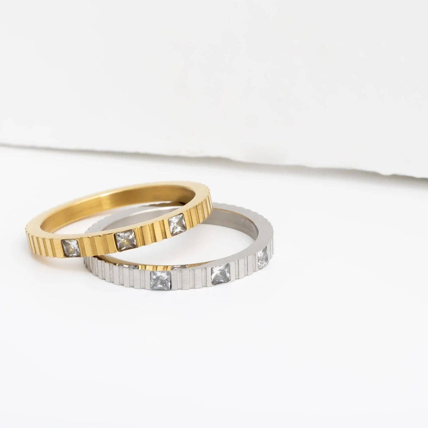 18K Gold Stainless Steel Triple Stone Fluted Stacking Ring: Gold / 8