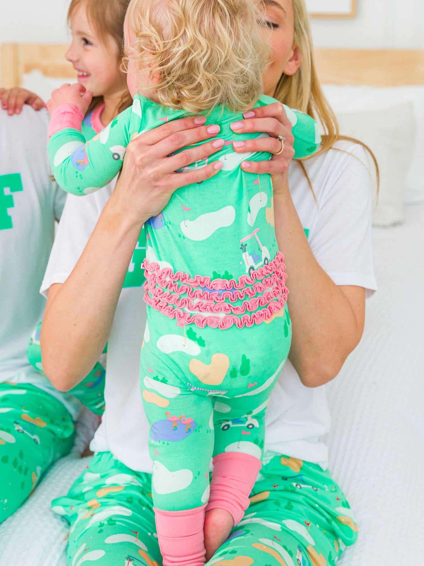 Baby Girls Fairway Flamingo Golf Bamboo Viscose Convertible Ruffle One Piece Pajama: Green / 6-12m