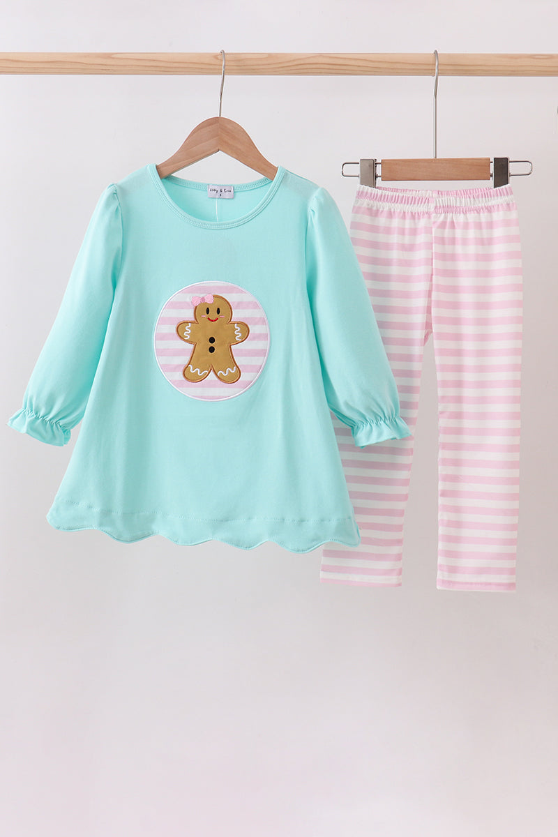 Blue gingerbread applique pants set