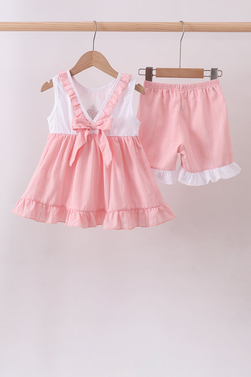 Pink cross jacquard embroidery shorts set