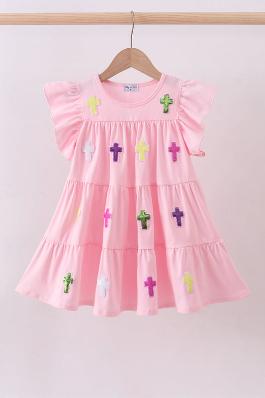 Pink cross sequin tiered dress