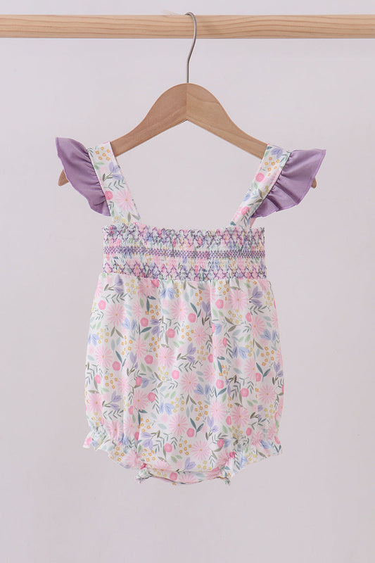 Purple floral smocked ruffle bubble