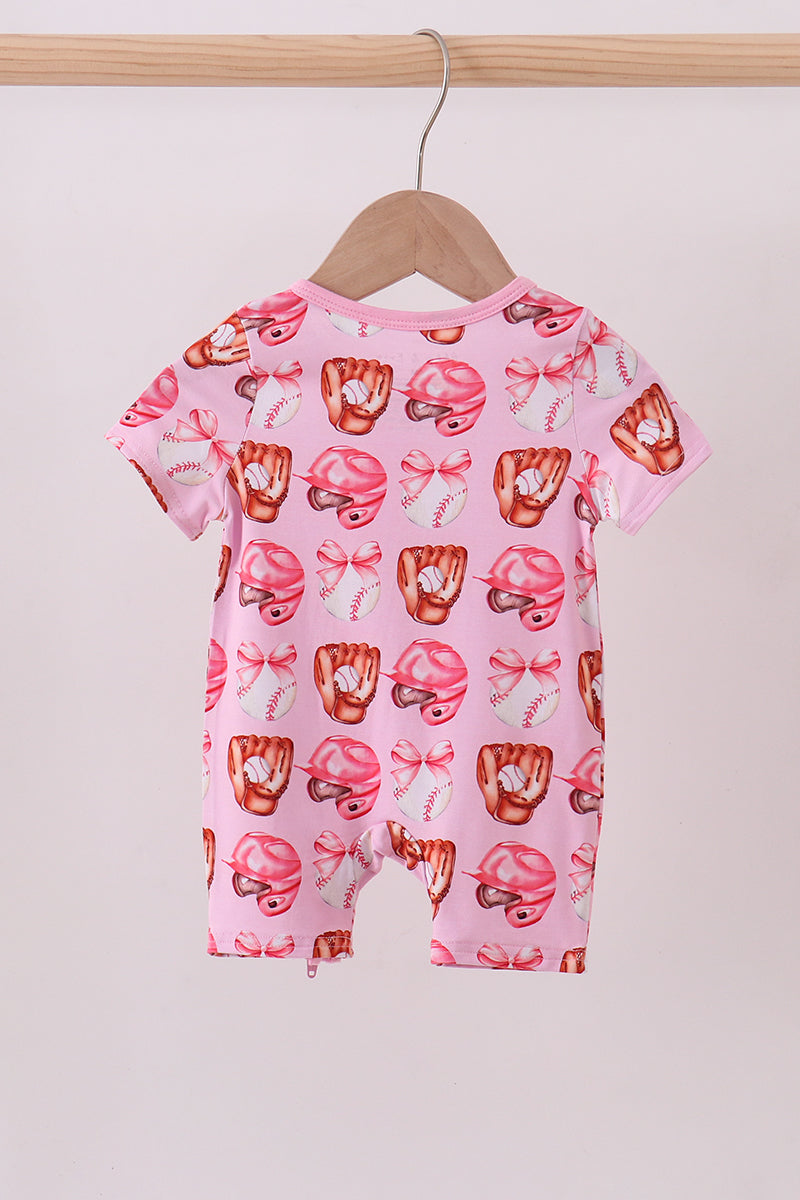 Pink bow baseball bamboo romper