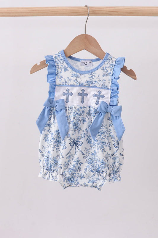 Blue floral cross smocked ruffle bubble