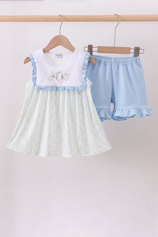 Floral bunny embroidery ruffle shorts set