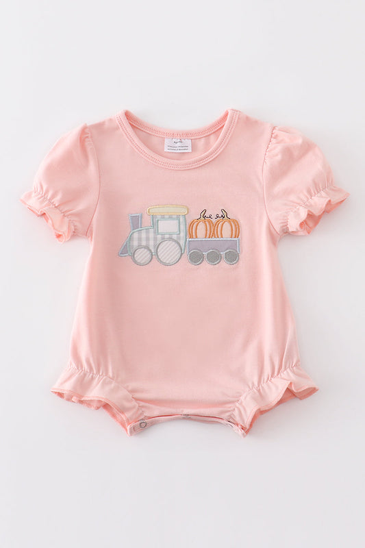 Beige train pumpkin applique girl bubble