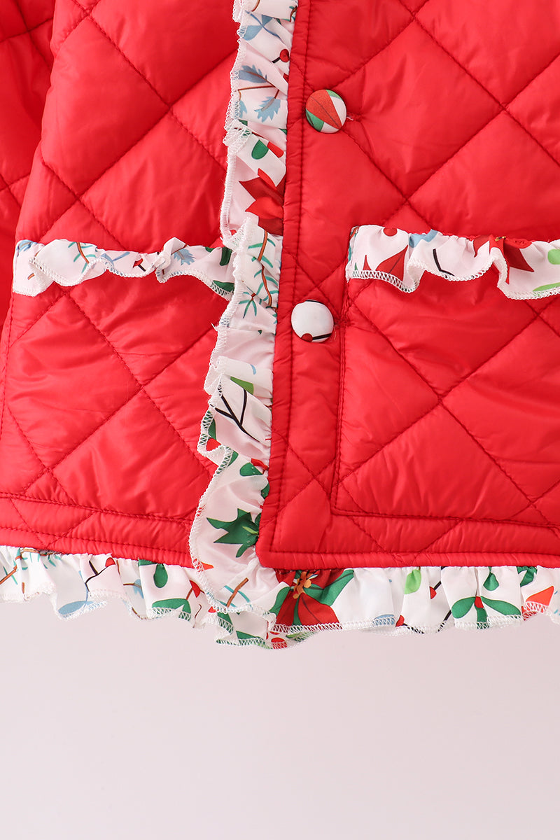 Red floral print ruffle quilted jacket