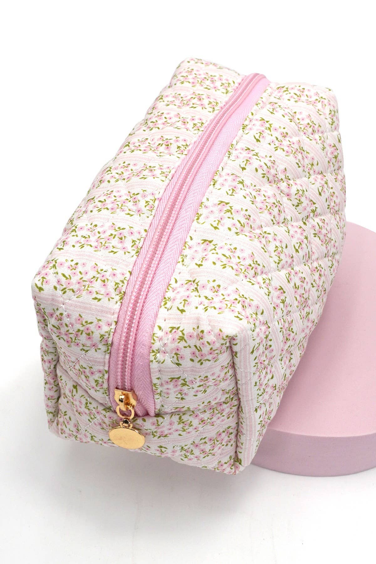 FLORAL QUILTED COTTON DITSY COSMETIC POUCH BAG | 40P555: Pink