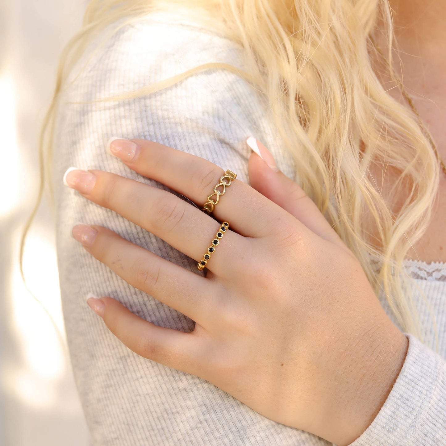 18k Gold PVD Coated Beaded Stainless Steel CZ Stacking Ring: Black / 6