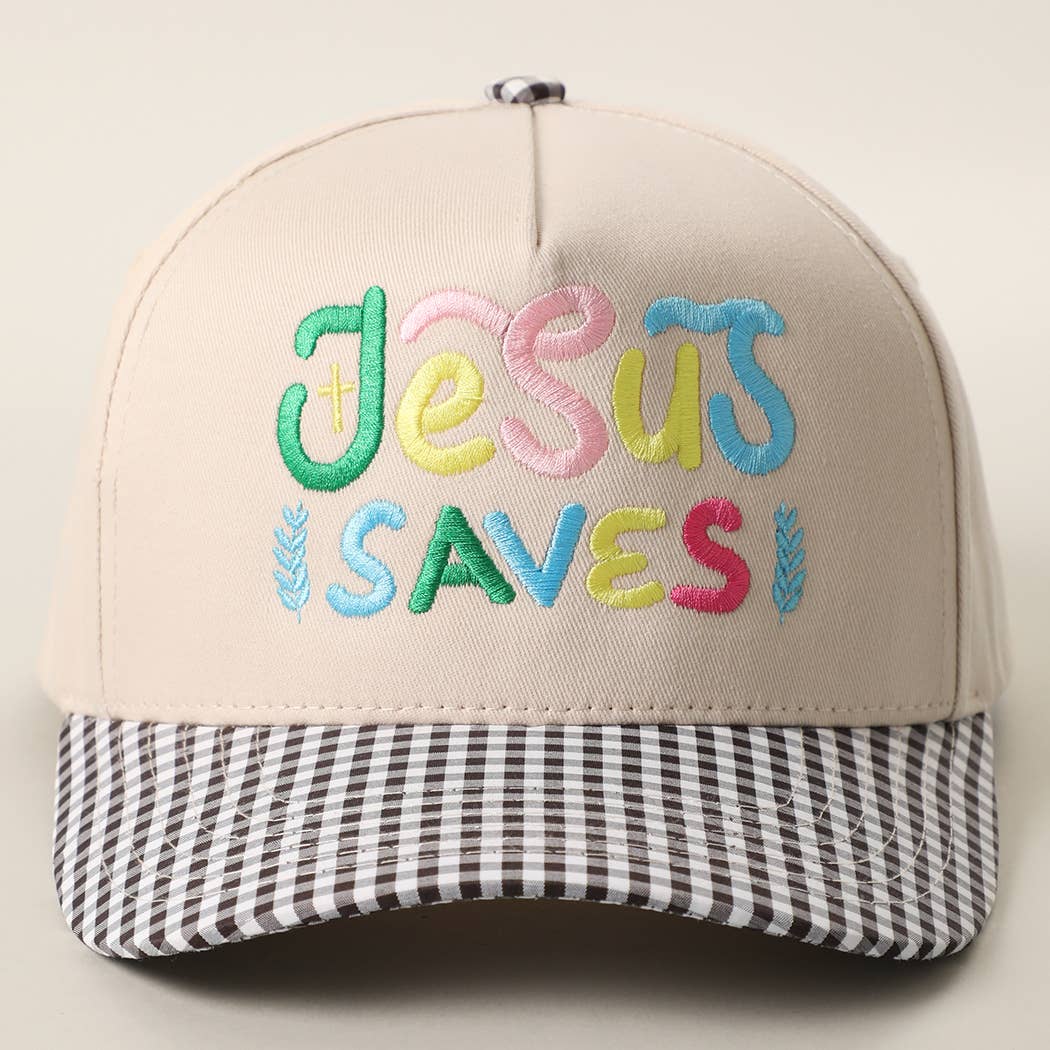 JESUS SAVES Embroidered Gingham Brim Trucker Hat: GREEN / ONE SIZE