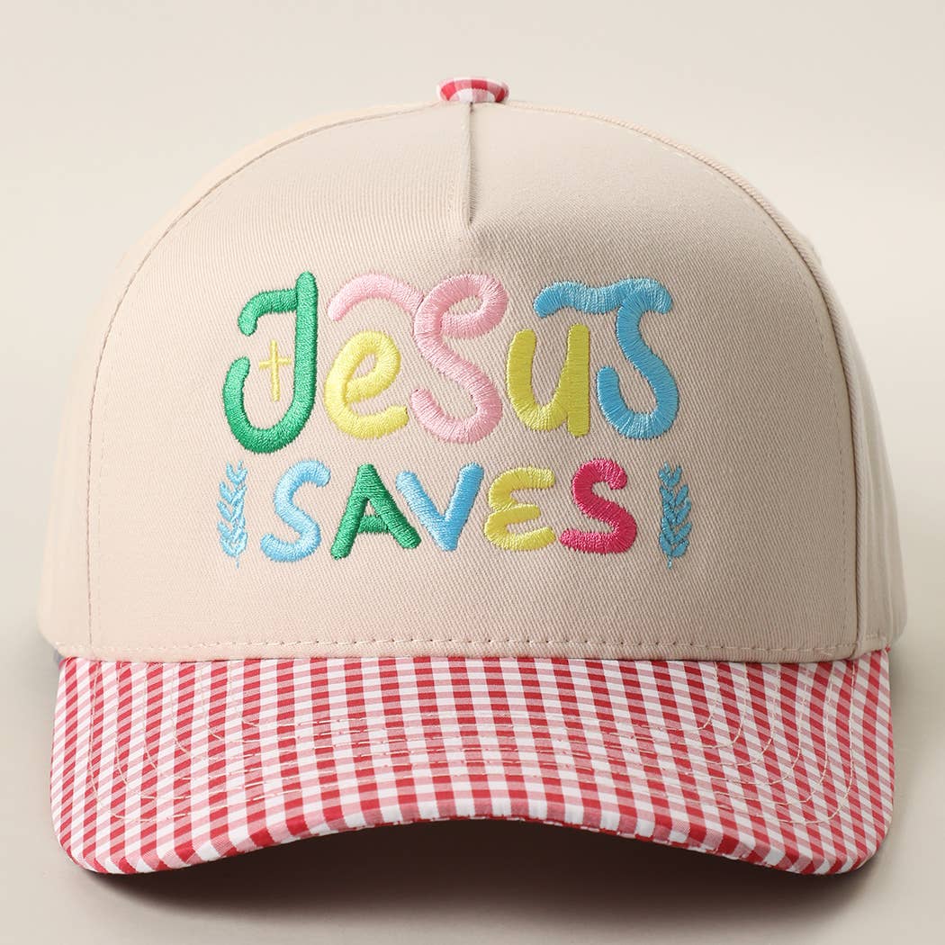 JESUS SAVES Embroidered Gingham Brim Trucker Hat: GREEN / ONE SIZE