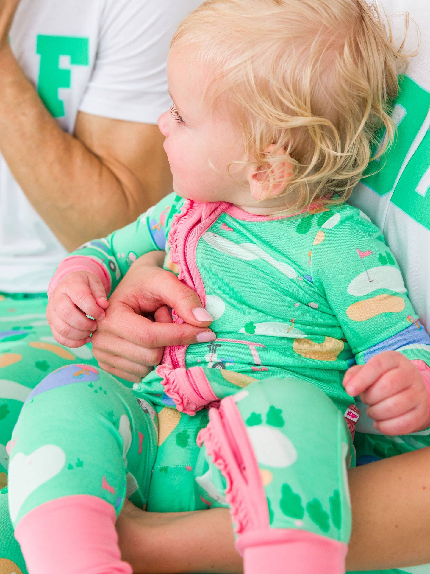 Baby Girls Fairway Flamingo Golf Bamboo Viscose Convertible Ruffle One Piece Pajama: Green / 3-6m