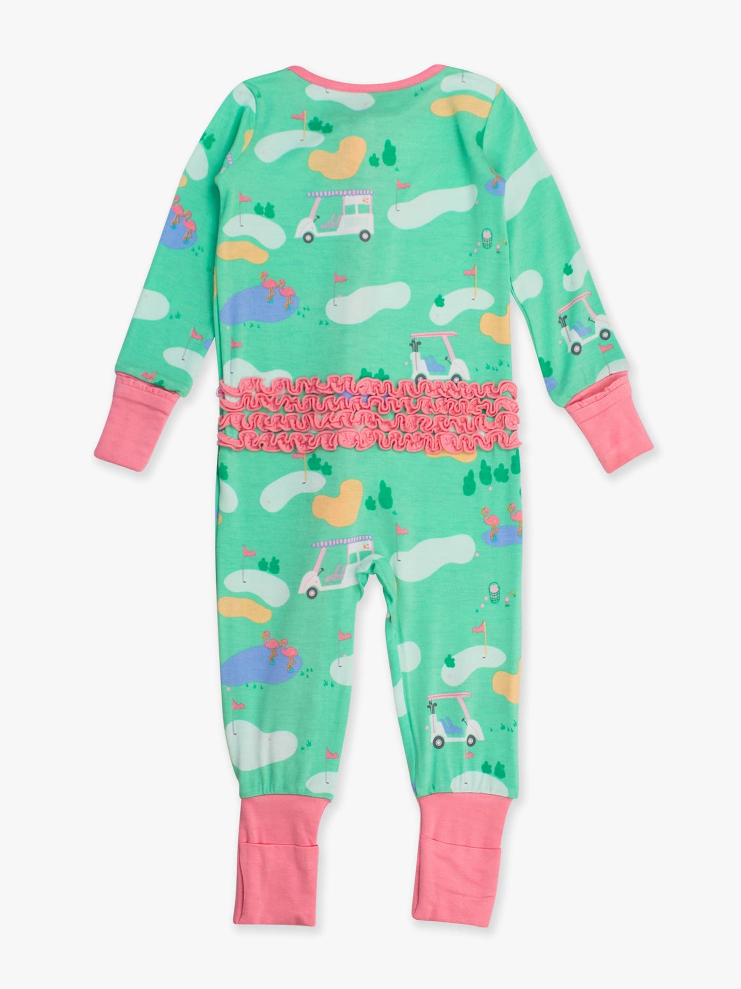 Baby Girls Fairway Flamingo Golf Bamboo Viscose Convertible Ruffle One Piece Pajama: Green / 3-6m