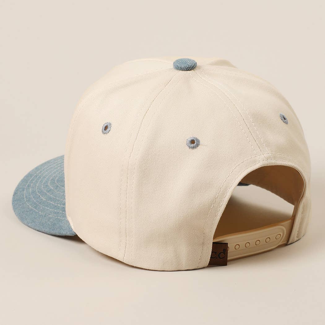 MAMA Ribbon Embroidered Two-Tone Trucker Hat: DENIM / ONE SIZE