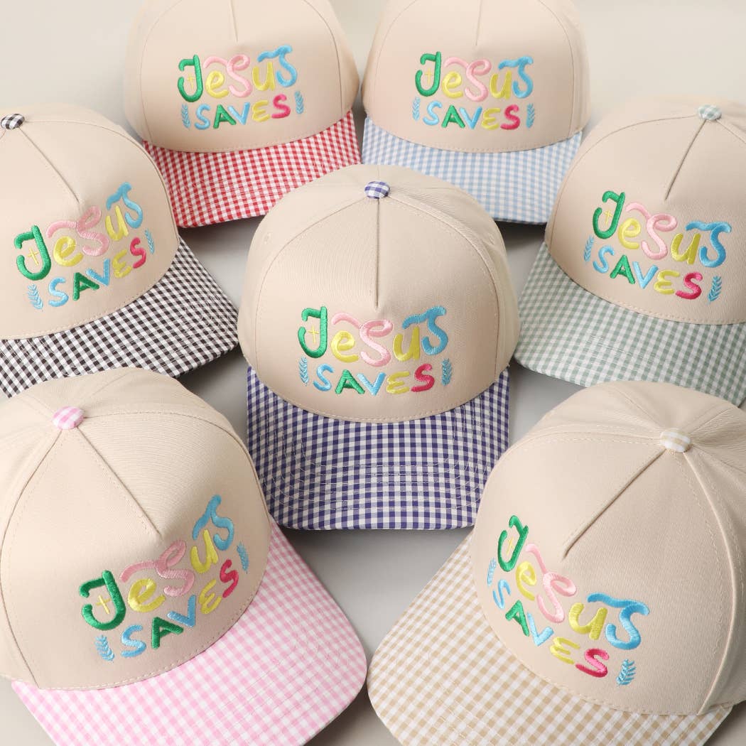 JESUS SAVES Embroidered Gingham Brim Trucker Hat: GREEN / ONE SIZE