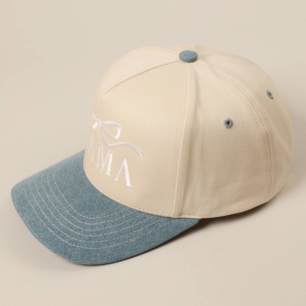 MAMA Ribbon Embroidered Two-Tone Trucker Hat: DENIM / ONE SIZE