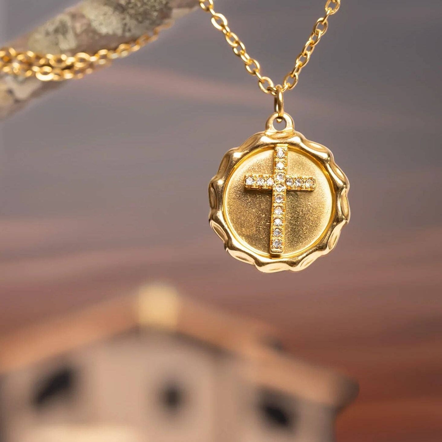 18K Gold PVD Stainless Steel Stone Cross Pendant: Gold