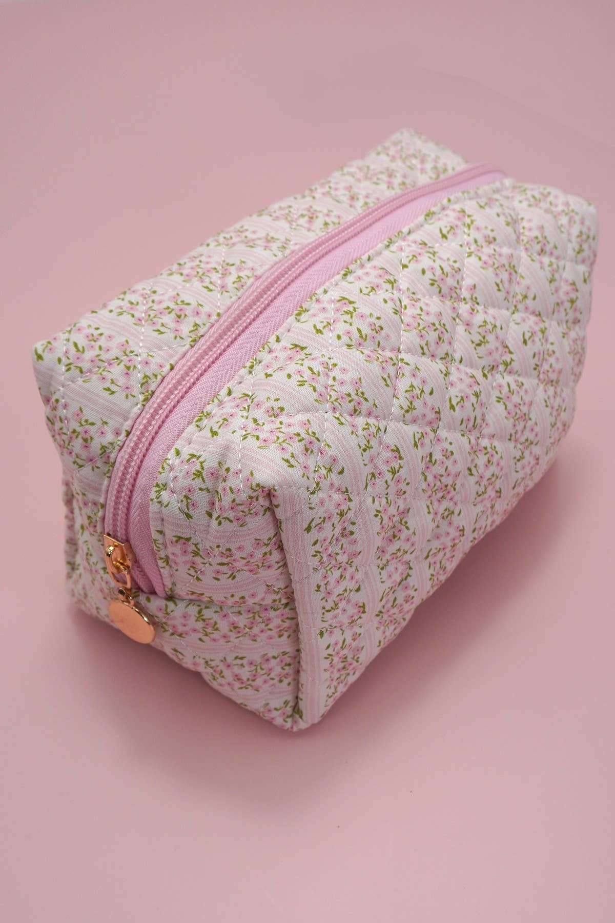 FLORAL QUILTED COTTON DITSY COSMETIC POUCH BAG | 40P555: Pink