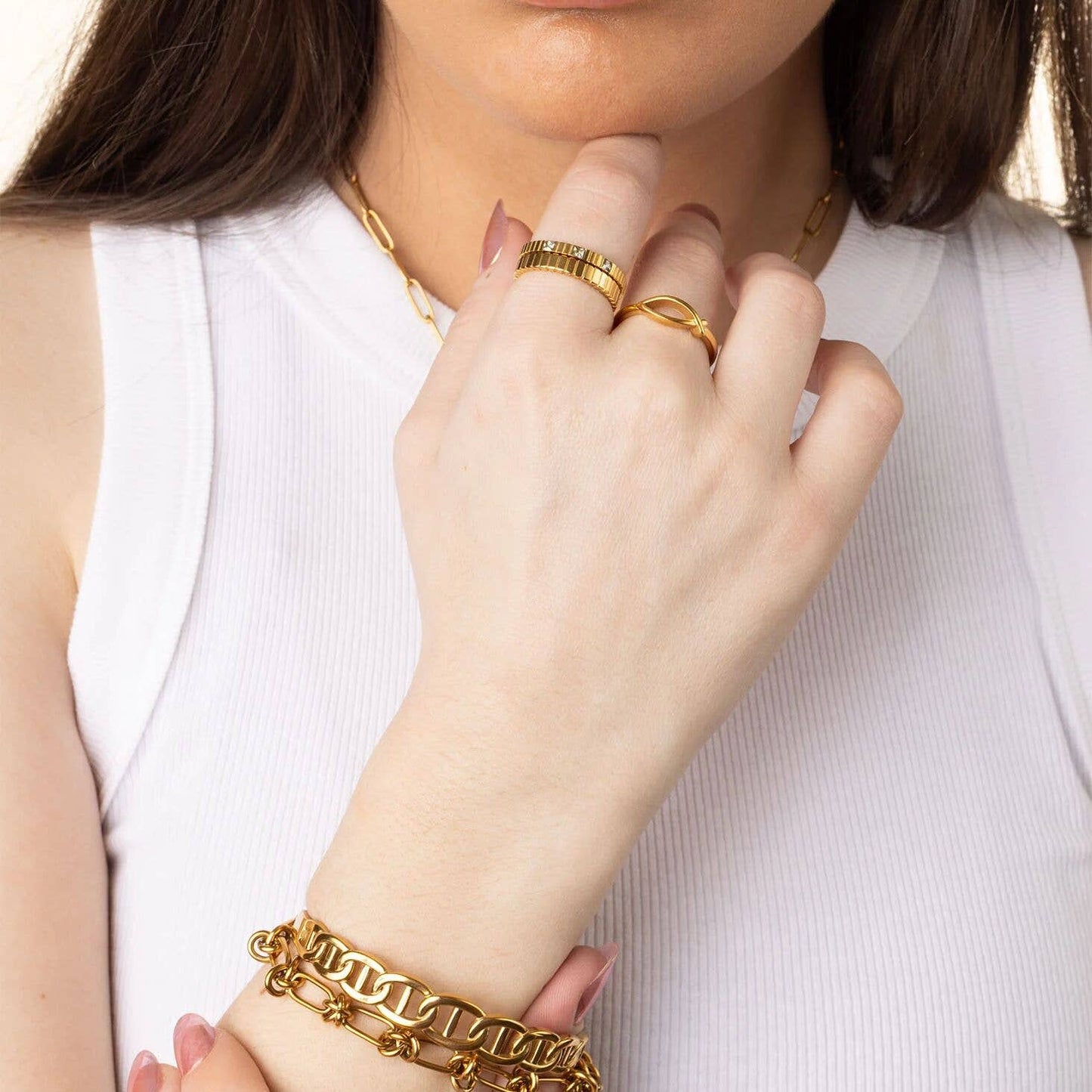 18K Gold Stainless Steel Triple Stone Fluted Stacking Ring: Gold / 8