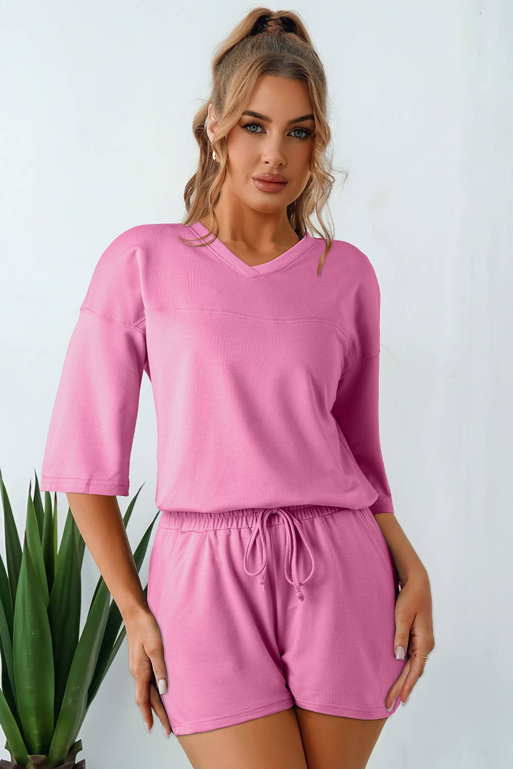 Solid Loose V-Neck Half Sleeve Tee and Shorts Set: Green / Missy / L