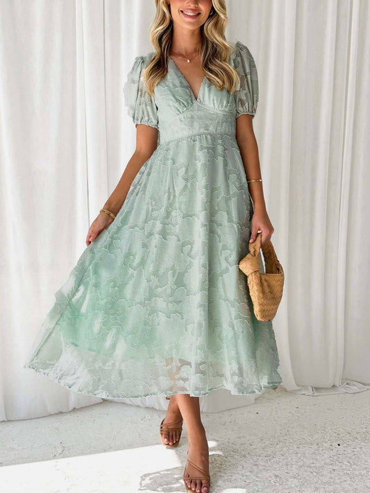 Floral Lace High-Waisted A-Line Flowy Dress: Green / S