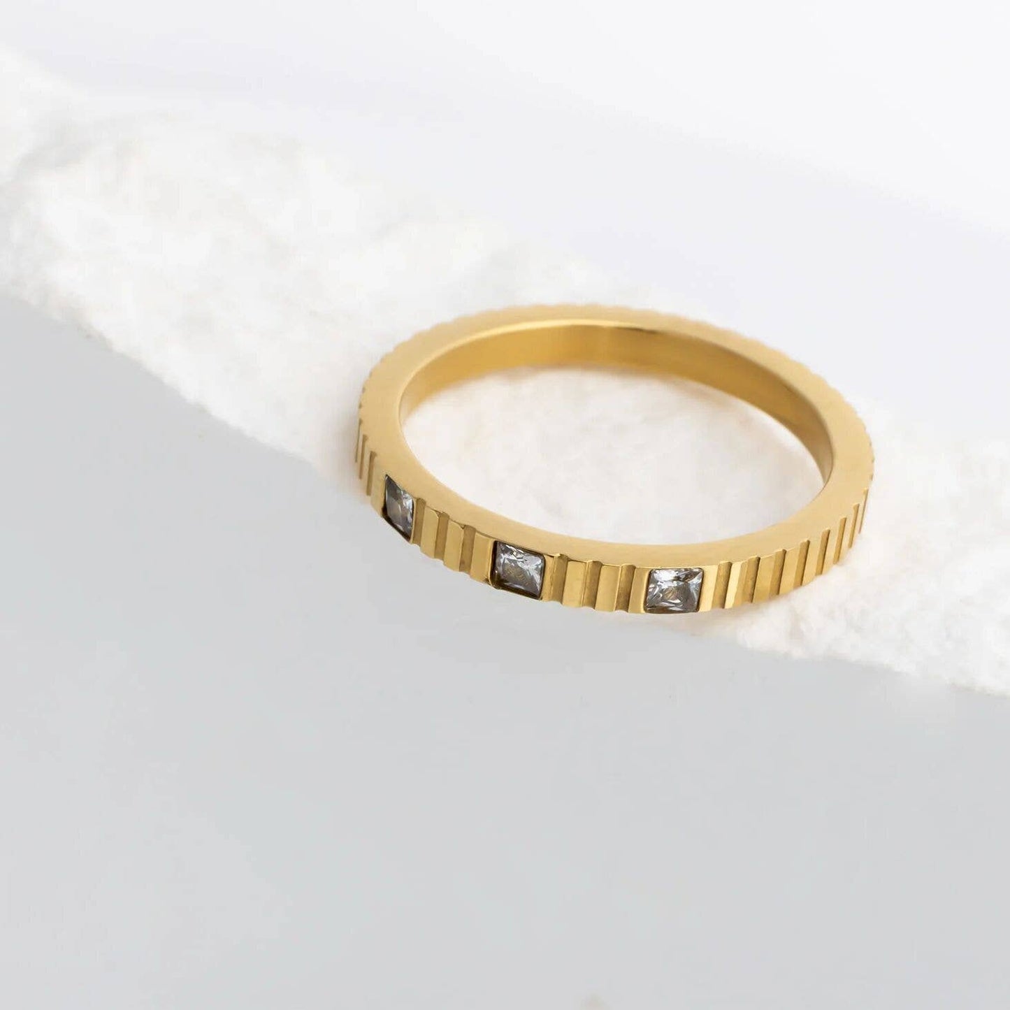 18K Gold Stainless Steel Triple Stone Fluted Stacking Ring: Gold / 8