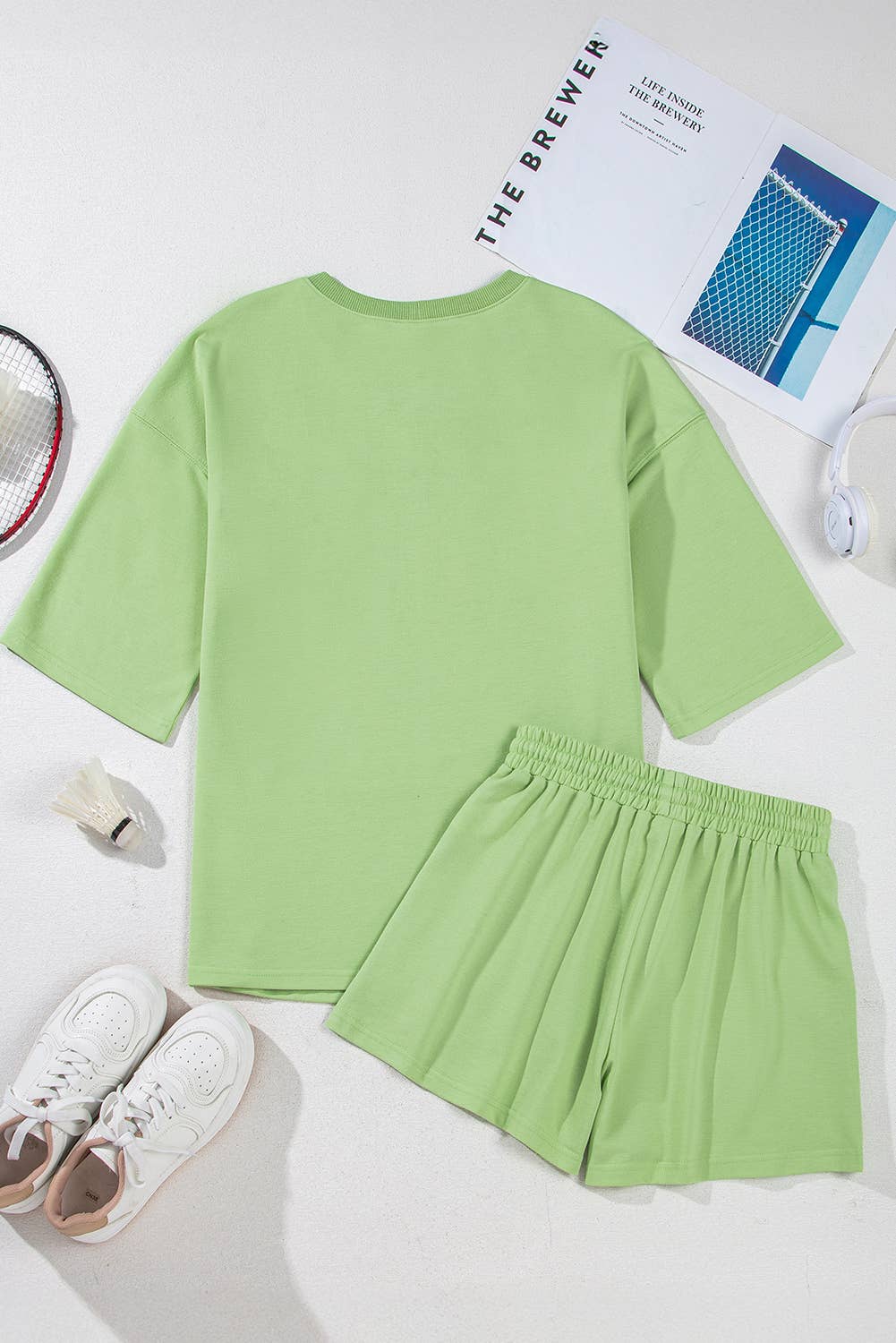 Solid Loose V-Neck Half Sleeve Tee and Shorts Set: Green / Missy / L