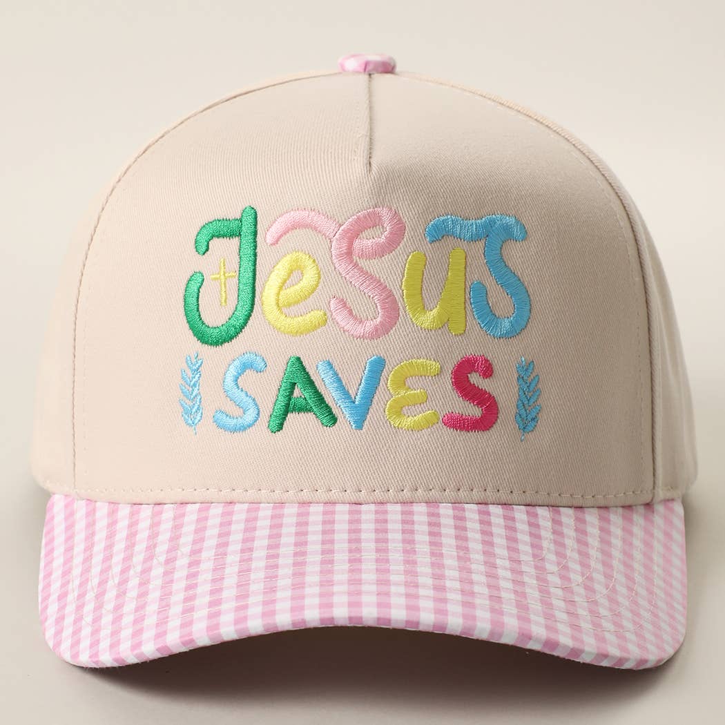 JESUS SAVES Embroidered Gingham Brim Trucker Hat: GREEN / ONE SIZE