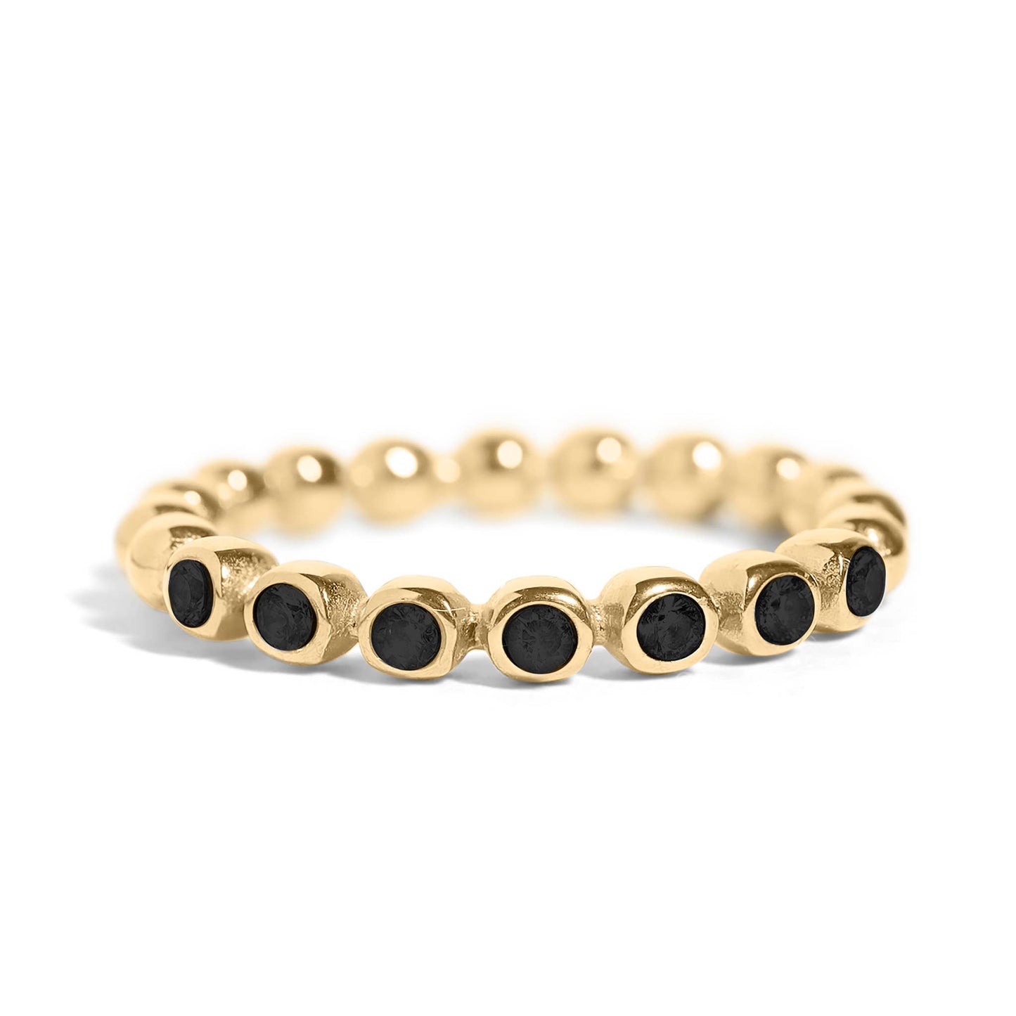 18k Gold PVD Coated Beaded Stainless Steel CZ Stacking Ring: Black / 6