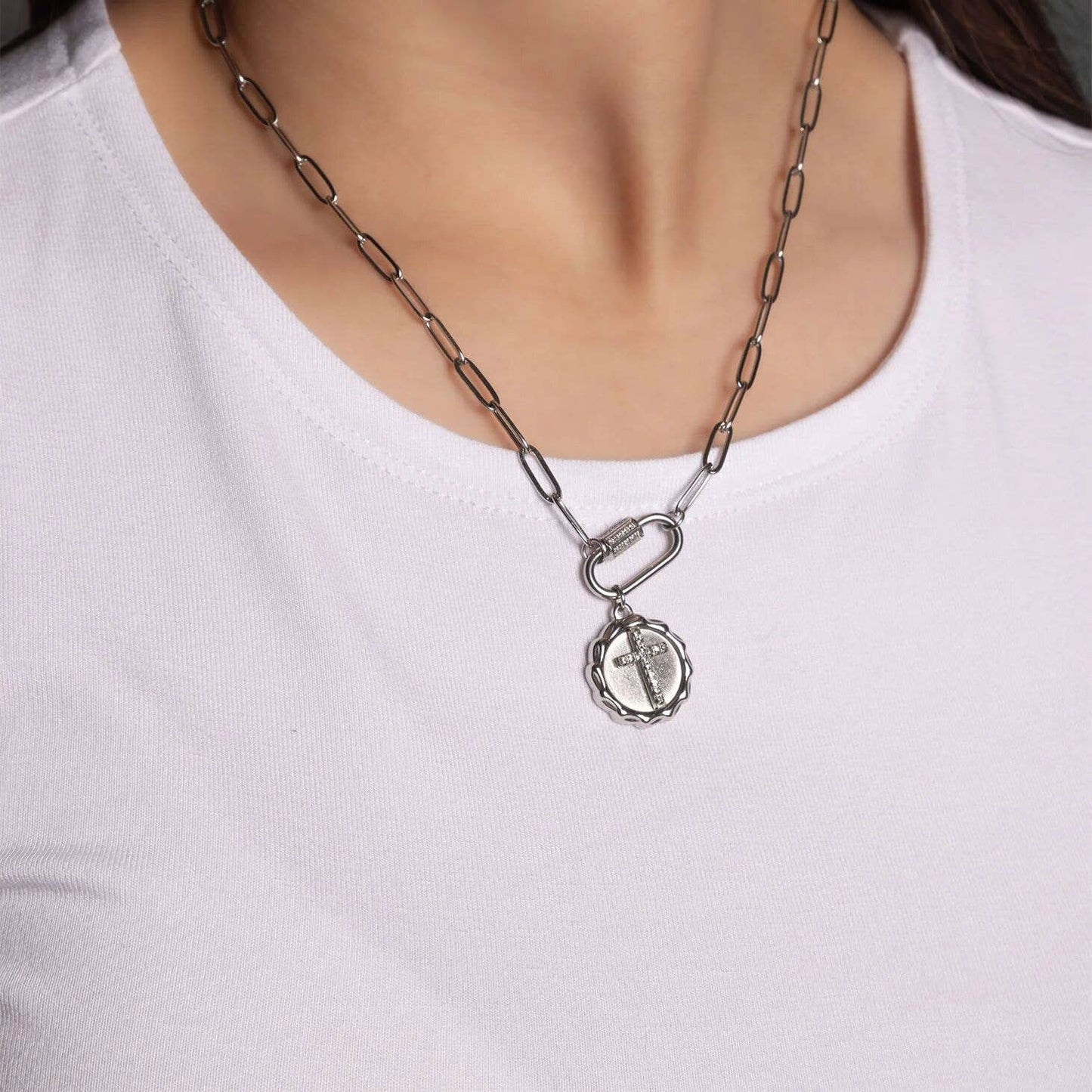 18K Gold PVD Stainless Steel Stone Cross Pendant: Gold