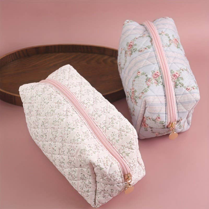 FLORAL QUILTED COTTON DITSY COSMETIC POUCH BAG | 40P555: Pink