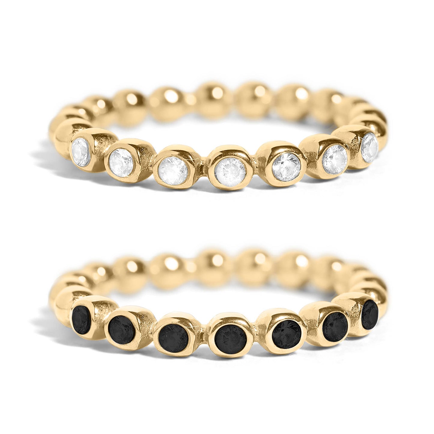 18k Gold PVD Coated Beaded Stainless Steel CZ Stacking Ring: Black / 6
