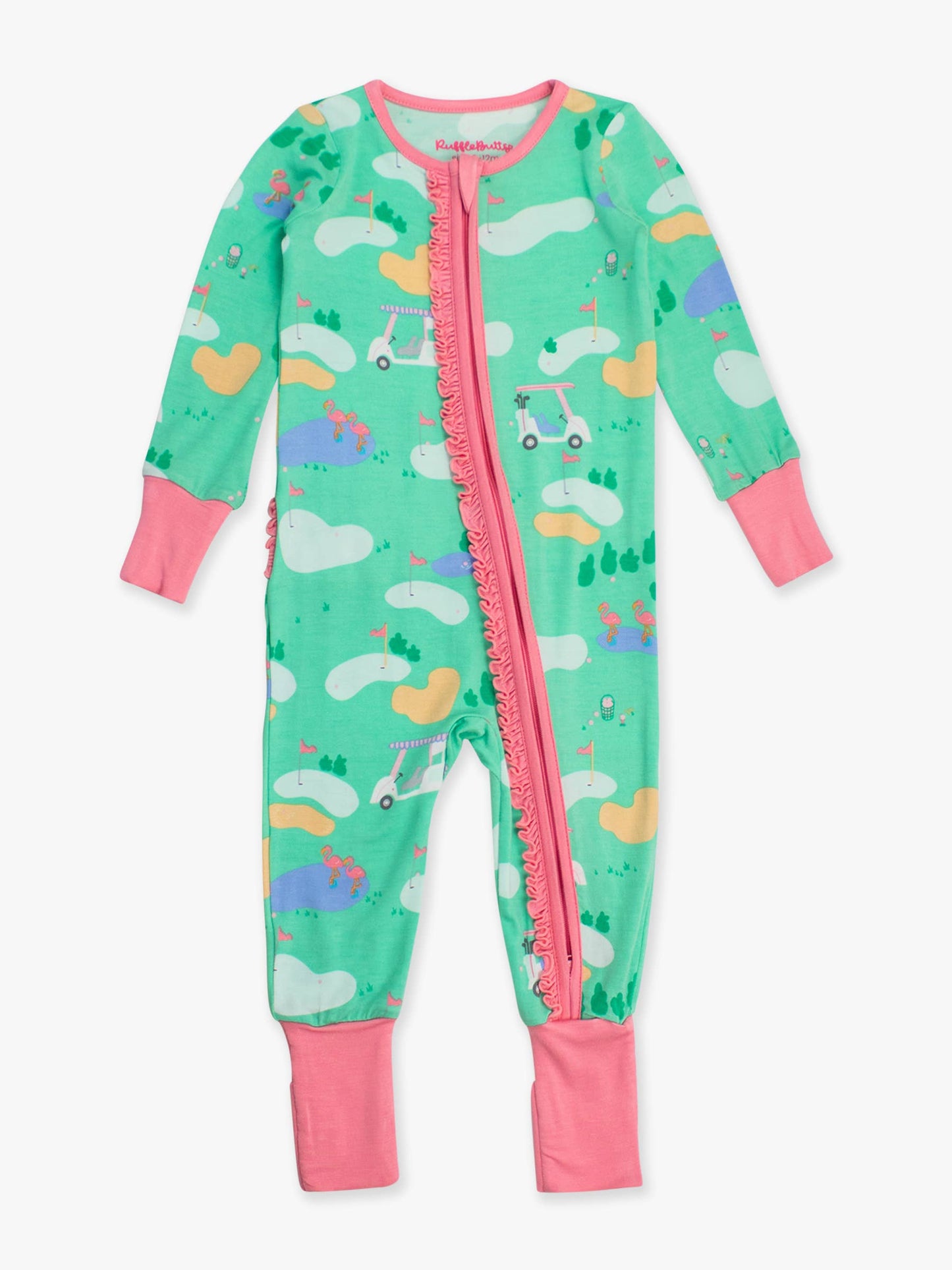 Baby Girls Fairway Flamingo Golf Bamboo Viscose Convertible Ruffle One Piece Pajama: Green / 3-6m