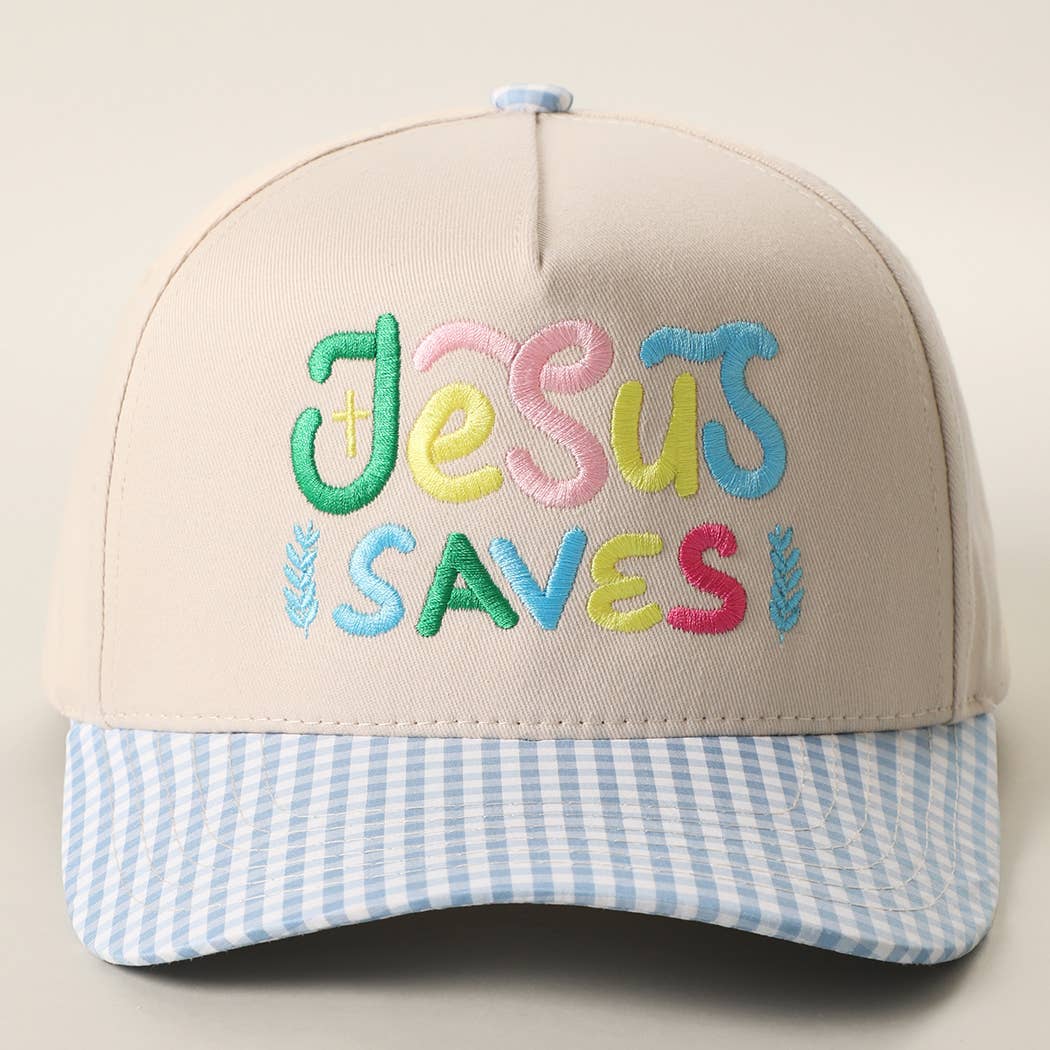 JESUS SAVES Embroidered Gingham Brim Trucker Hat: GREEN / ONE SIZE