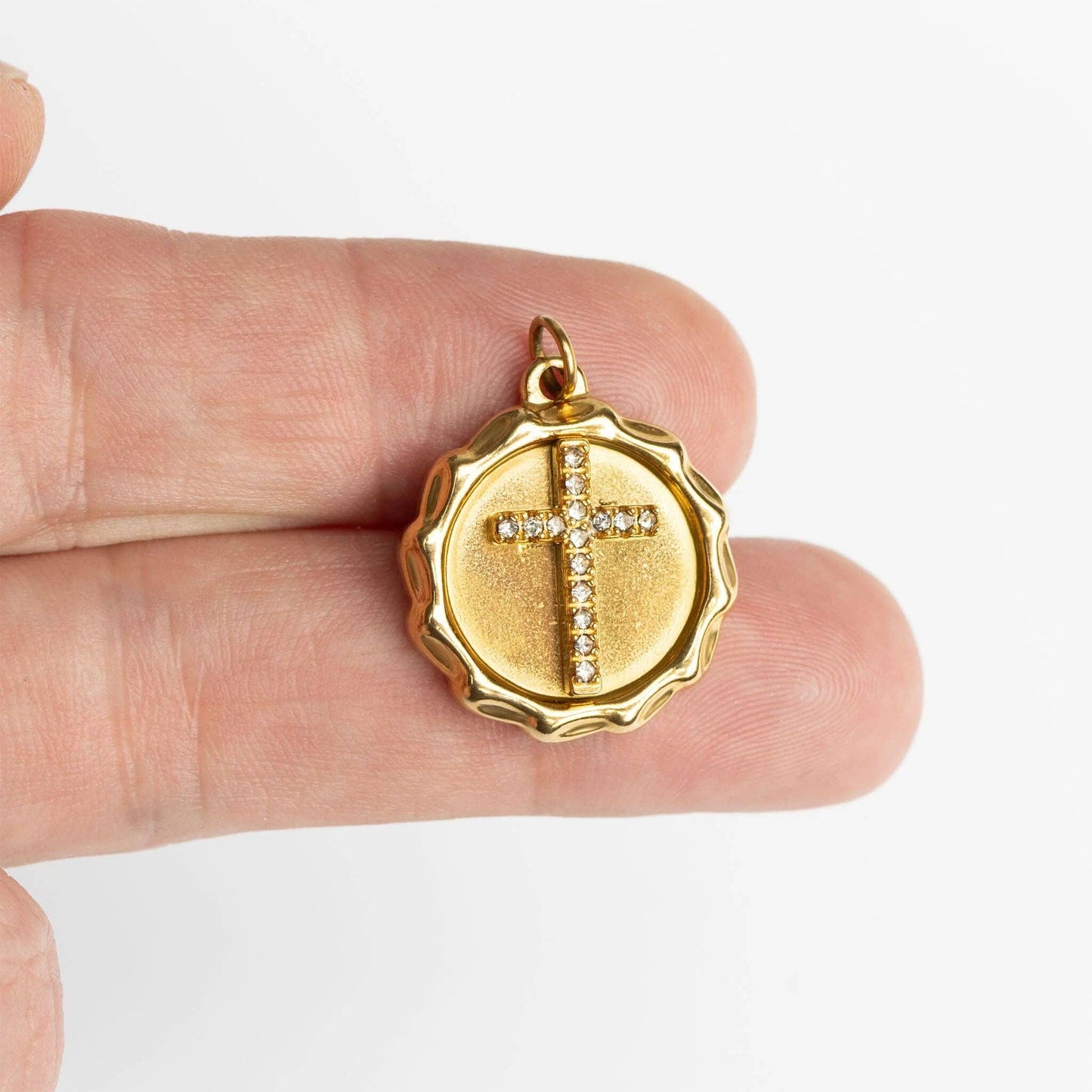 18K Gold PVD Stainless Steel Stone Cross Pendant: Gold