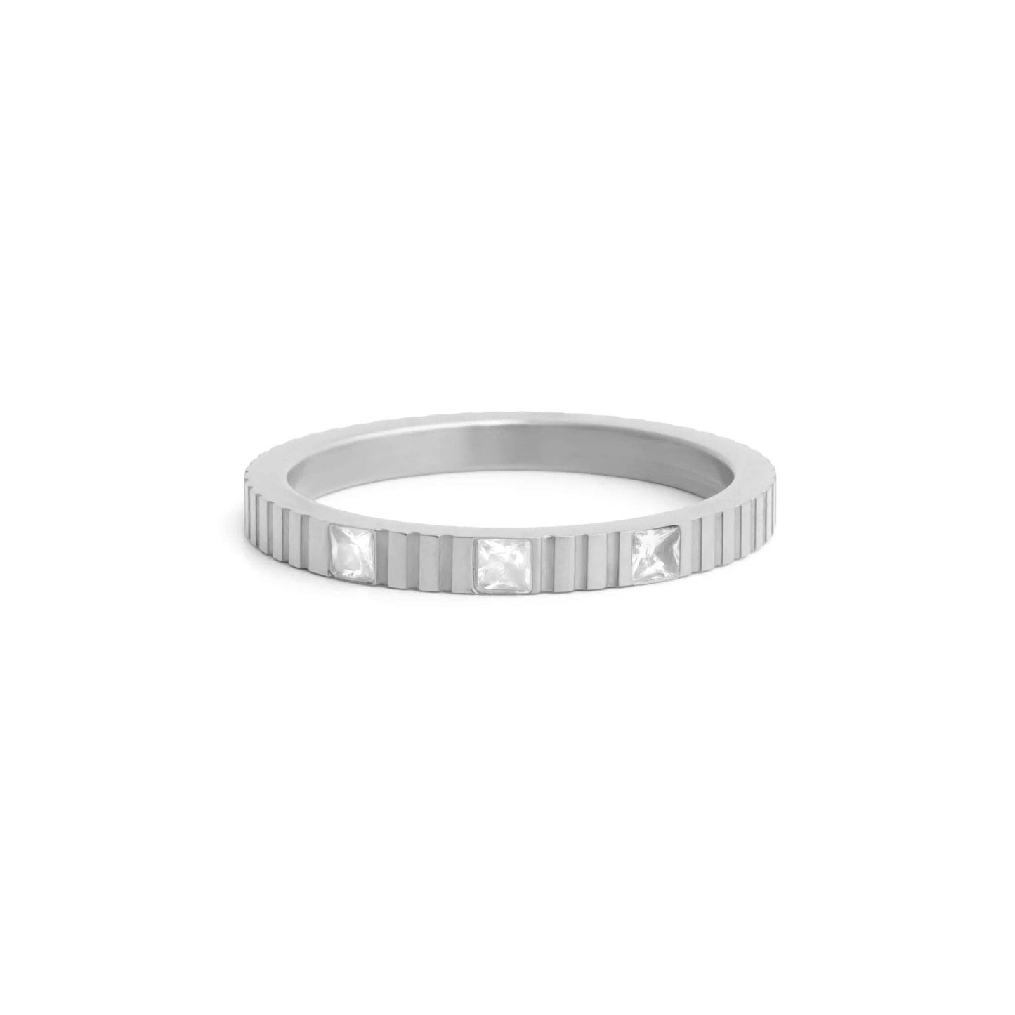 18K Gold Stainless Steel Triple Stone Fluted Stacking Ring: Gold / 8