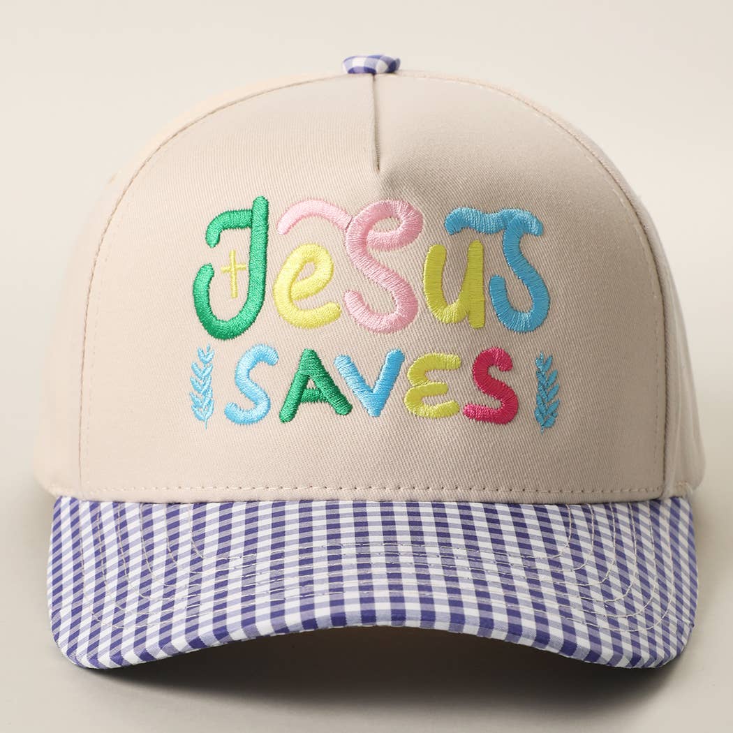 JESUS SAVES Embroidered Gingham Brim Trucker Hat: GREEN / ONE SIZE