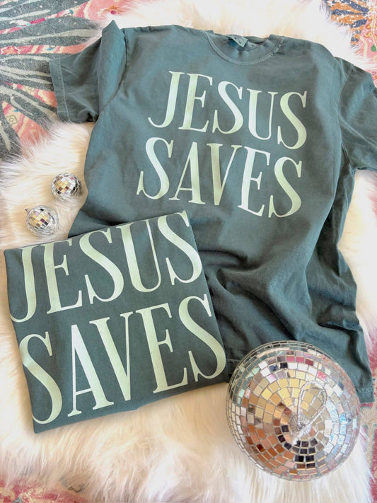 Jesus Saves Tee: Green / M