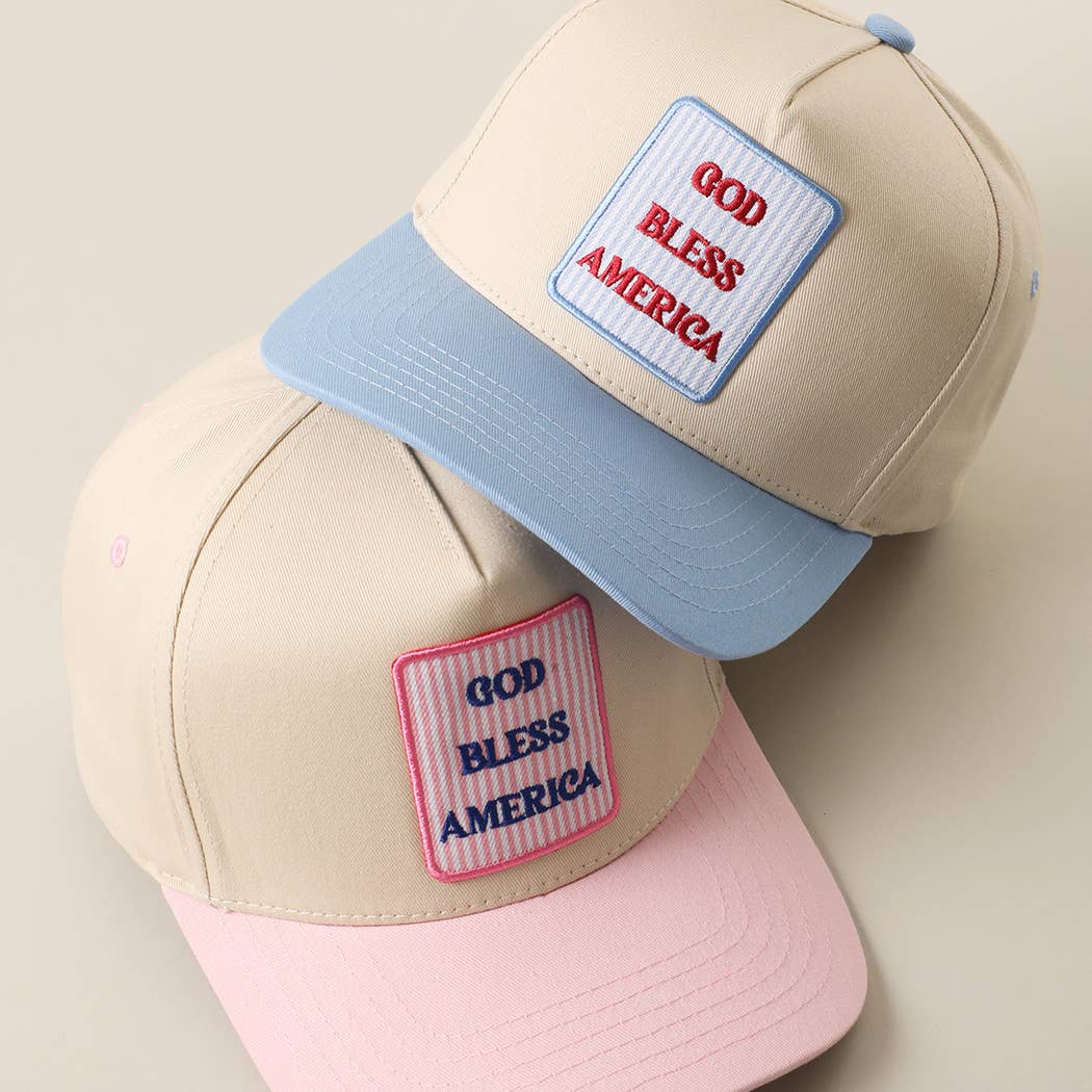 GOD BLESS AMERICA Embroidered Patch Two Tone Trucker Hat: SKY BLUE / ONE SIZE