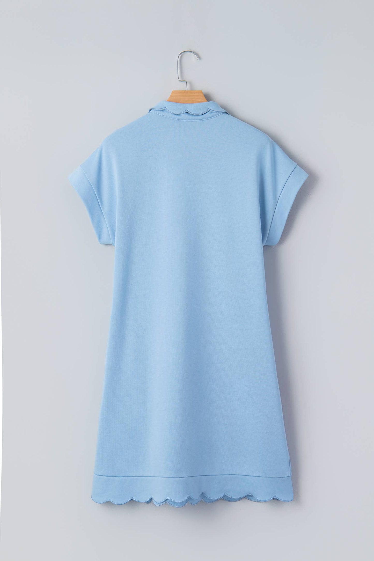 Button Polo Collar Short Sleeve Scallop Hem Mini Dress S-4X: Beau Blue / Plus-1X