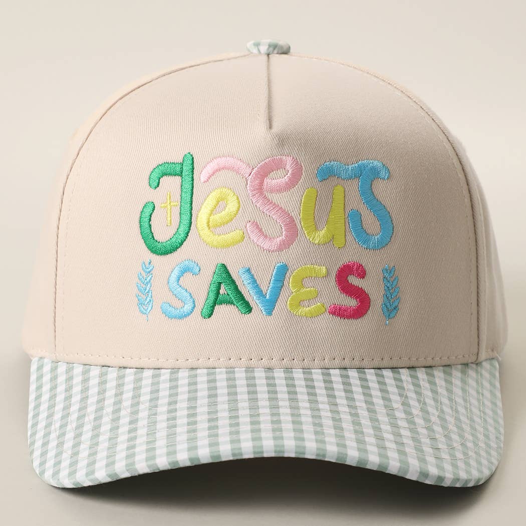 JESUS SAVES Embroidered Gingham Brim Trucker Hat: GREEN / ONE SIZE