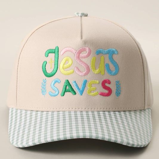 JESUS SAVES Embroidered Gingham Brim Trucker Hat: GREEN / ONE SIZE