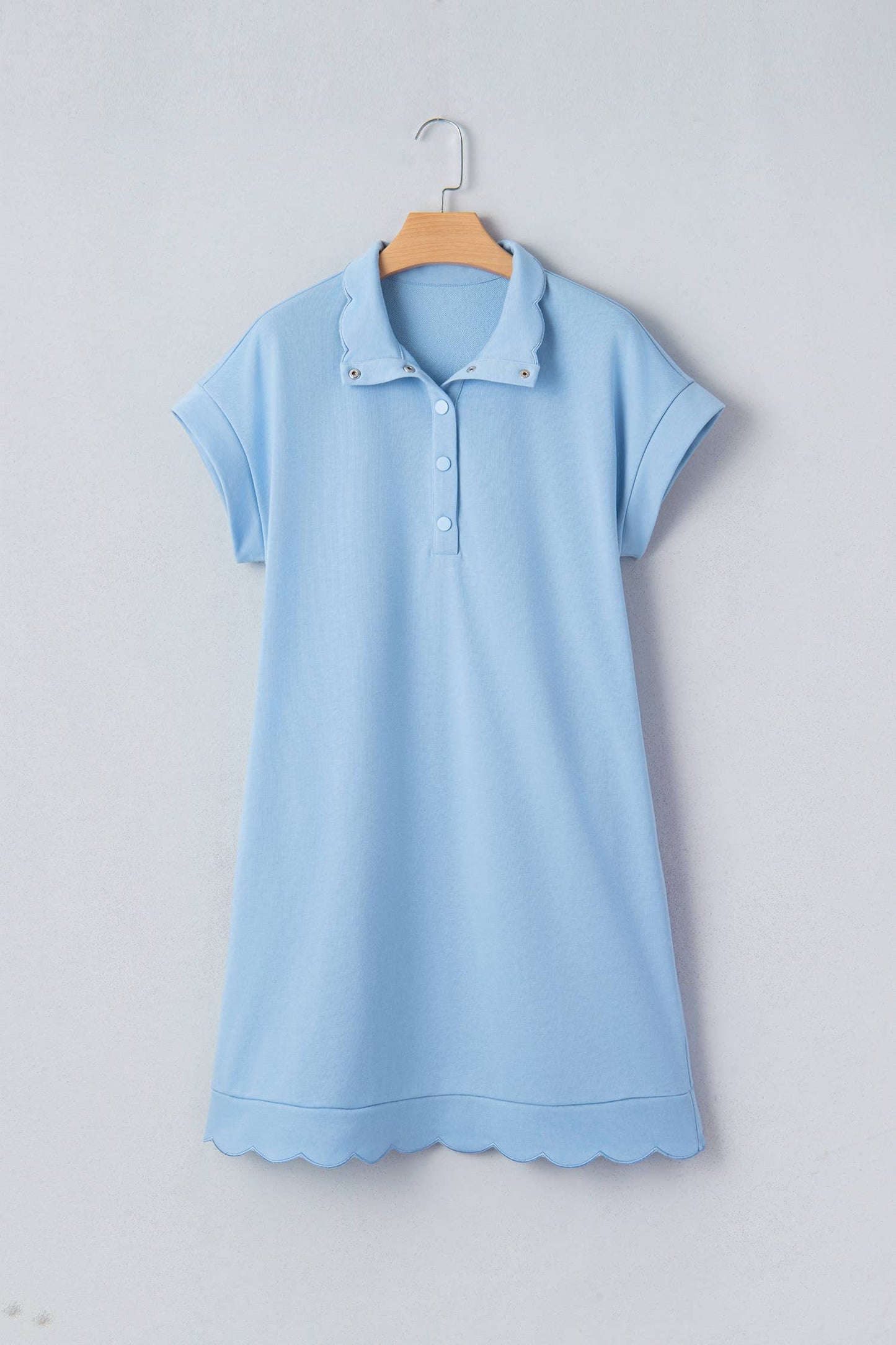 Button Polo Collar Short Sleeve Scallop Hem Mini Dress S-4X: Beau Blue / Plus-1X