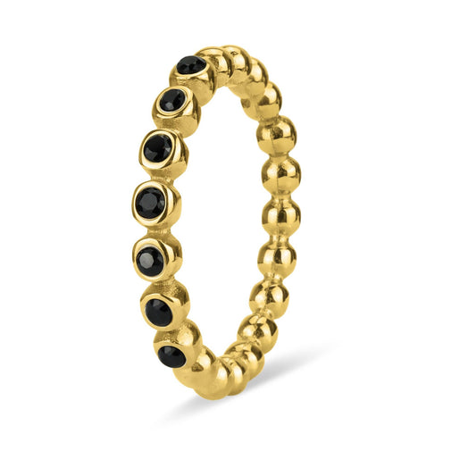 18k Gold PVD Coated Beaded Stainless Steel CZ Stacking Ring: Black / 6