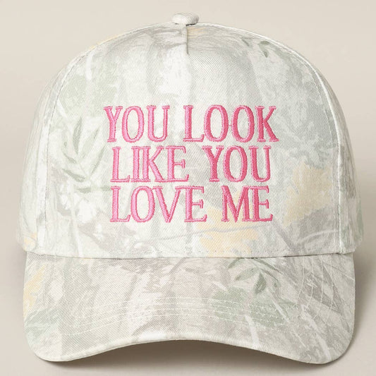You Look Like You Love Me Embroidery Camo Cap: BEIGE CAMO-PINK / ONE SIZE