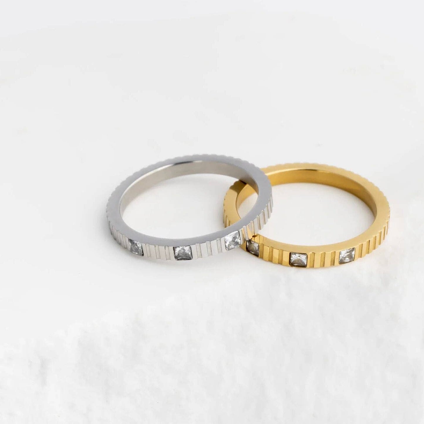 18K Gold Stainless Steel Triple Stone Fluted Stacking Ring: Gold / 8